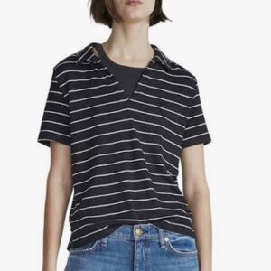 Rag & Bone knit polo tee shirt, size large, black with white stripes